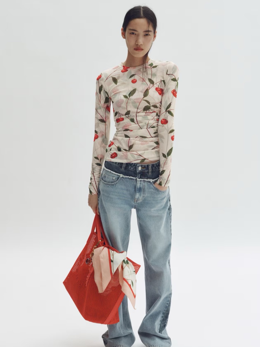 Stella McCartney for H&M Long-Sleeve Cherry Print Mesh Top in Light Pink